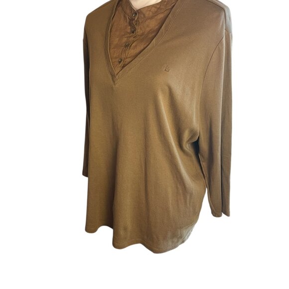 Lauren Ralph Lauren Womens Brown V Neck Henley Layered Look Top XL Casual Comfy - Picture 14 of 14